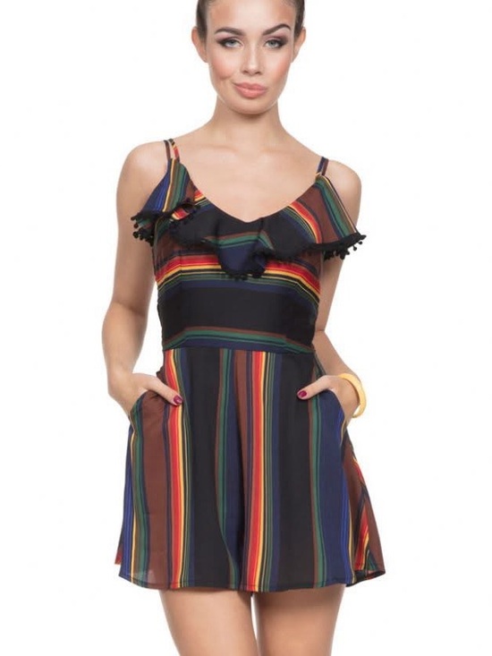 Voodoo Vixen Pants - Voodoo Vixen Black Striped Pom Pom Romper Size Small